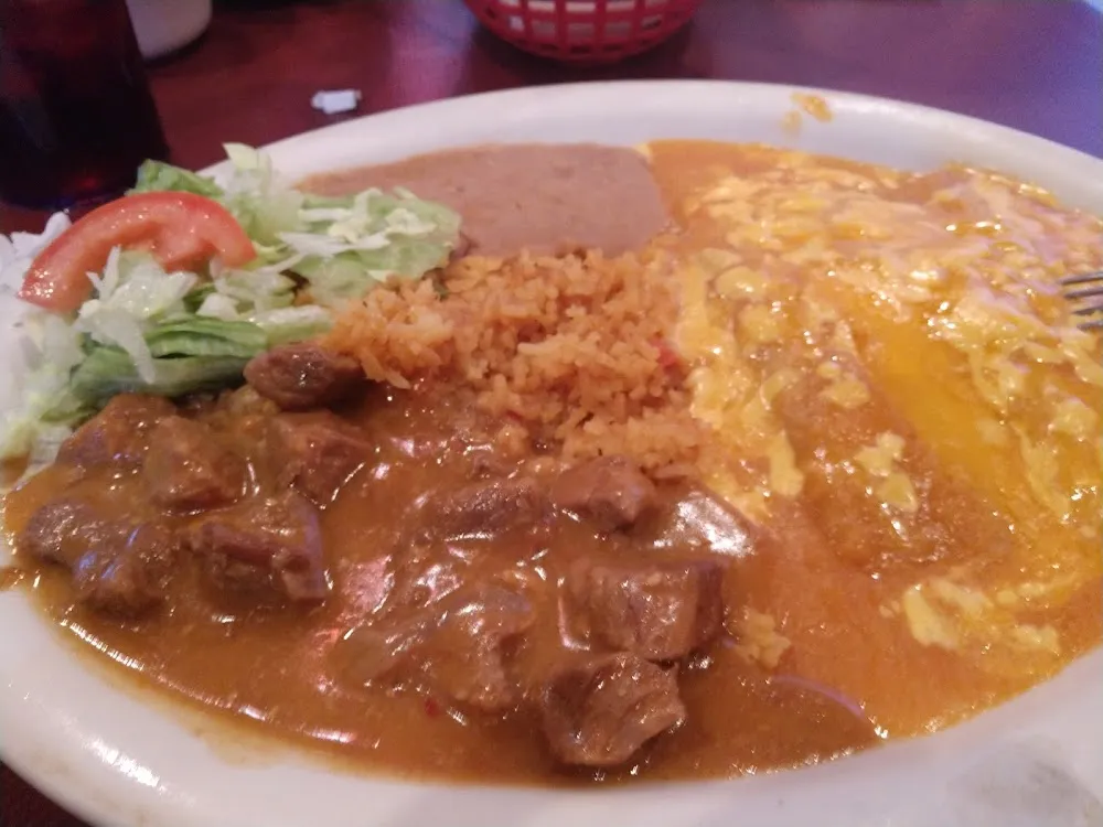 Carne Guisada Enchilada Rice and Beans
